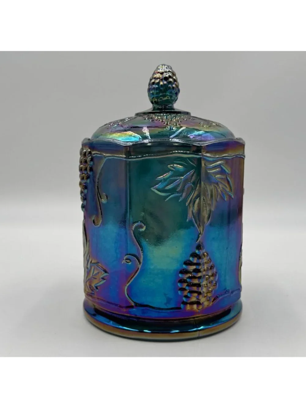 Vintage Carnival Glass Covered Candy Jar Grape & Leaf Design Pinecone Lid